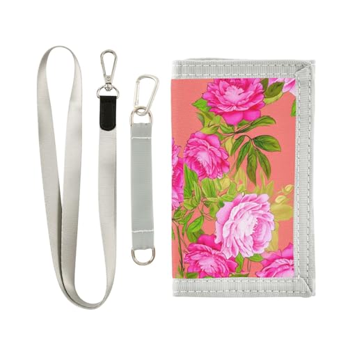 Peonies Green Leaves Orange Kids Wallet for Boys Girls Trifold Sport Outdoor Wallets for Youth Teen Children Wallet with Zippered Coin Pockets Card Holders Novelty Wallets with Magic Sticker