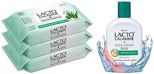 Image of Lacto Calamine Daily Face Cleansing Wipes with Aloe Vera, Cucumber & Vitamin E, Hydrating, Refreshing, Soothing Paraben and Alcohol Free, White, Pack of 3 & Face Lotion for Oil Balance - 120 ml
