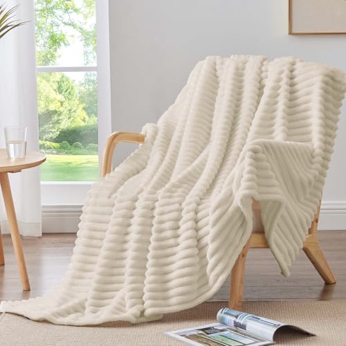 Image of BEDELITE Ribbed Twin Blanket for Couch & Bed, Beige, 60 inchx80 inch