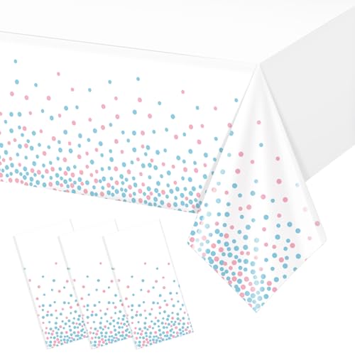 3Pack White and Pink Blue Plastic Tablecloth White Disposable Table Cloth for Rectangle Tables Pink Blue Stamping Dot White Tablecloth for Gender Reveal Baby Shower Birthday Party Supplies 54x108
