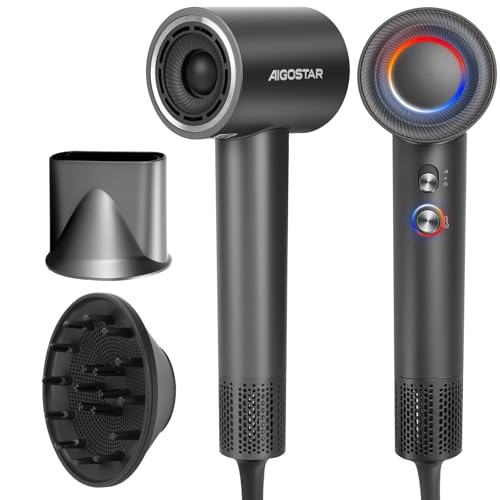 Aigostar Sèche-Cheveux Ionique Professionnel Séchage Rapide 110 000 tr/min, Silencieux 55 dB, avec Diffuseur et Embout Magnétique, Léger 450 g, Idéal pour...
