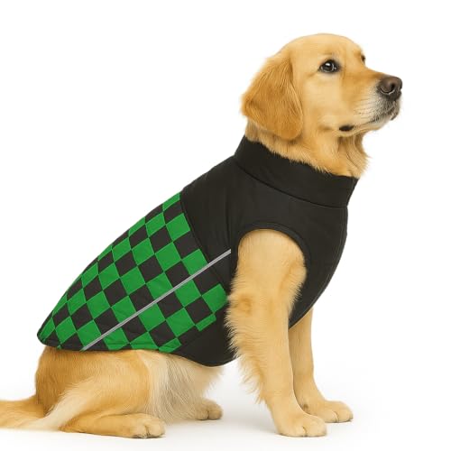 Image of The Pets Company Dog Winter Coat Jacket, Clothes, Windproof, Waterproof, Light Weight, Washable, Ultra Warm Thick Fleece Lined Dog Vest for Cold Weather Protection, (Green Check, Large - 26 Inch)