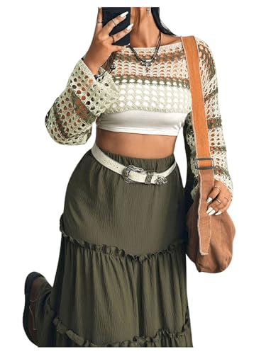 Women's Plus Size Striped Crochet Sweater Bell Sleeve Knit Cropped Pullover Tops