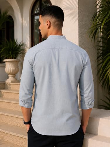 Image of Majestic Man Men's Pure Cotton Solid Mandarin Collar Slim Fit Roll-Up Sleeves Short Kurta Lightweight Summer Kurta for Daily & Occasion Use