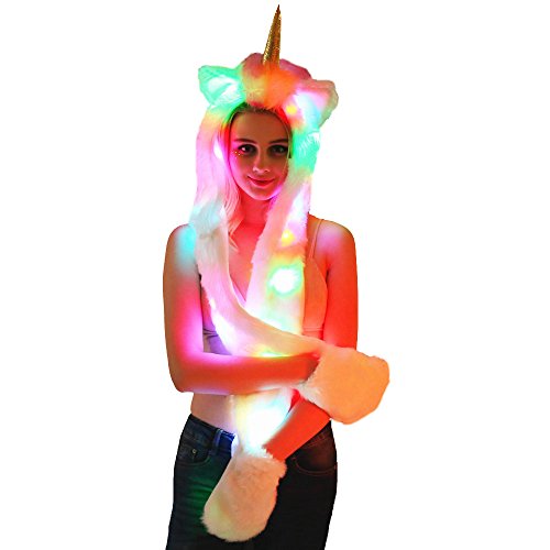 Woneart pellicce artificiali Gorros de Animales led Unicornio Sombrero Bufanda Guantes Gorras Felpa orejera Sombreros con Capucha Bolsillos Disfraces carnevale Halloween Navidad (Costume Unicorn)