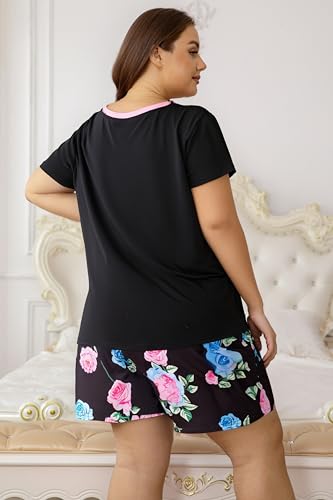 Image of Vozanet Women's Short Sleeve Top and Shorts Pajama Sets Plus Size V Neck Colorful Flower Nighty Loungewear With TWO Pockets