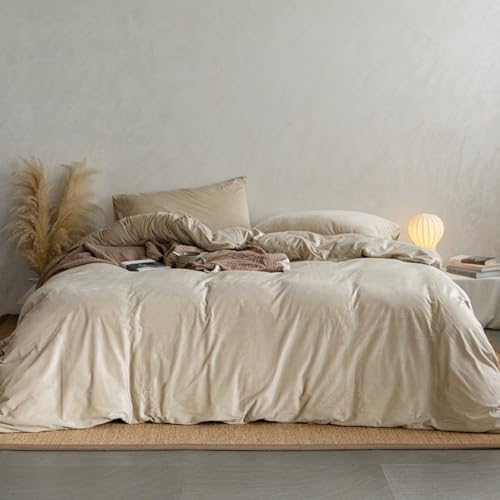 Lanqinglv Flanell Fleece Bettwäsche 200x200 cm Beige Plüsch Flauschig Winterbettwäsche Warme Cashmere Touch Biber Uni Bettbezug mit Reißverschluss...