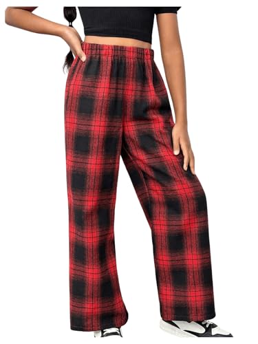 Image of SHENHE Girl's Plaid Pants Elastic Waist Loose Buffalo Plaid Straight Leg Pants