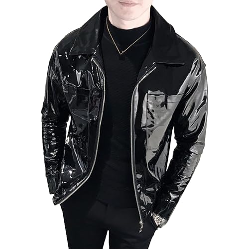Men's Shiny Zipper PU Outwear Jacket Male Fashion Lapel