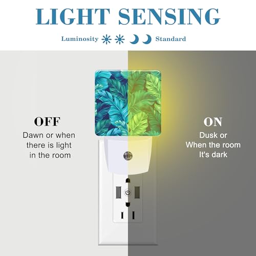 Image of Night Light Plug into Wall Turquoise and Green Tropical Leaves Night Light with Dusk to Dawn Sensor Night Light for Kid Girls Boys Women Room Decor,Hallway,Kitchen,Bathroom,Nursery,Stairs