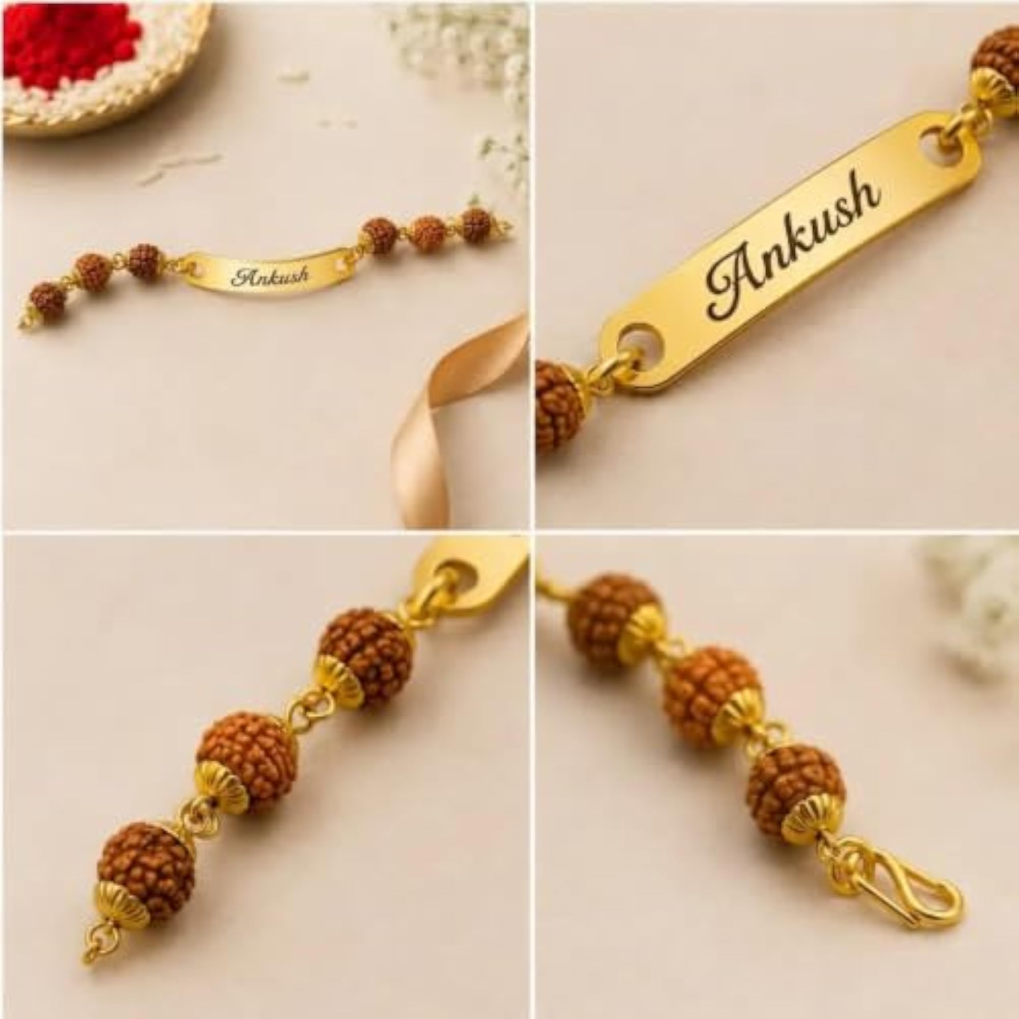 Personalized Metal Rakhi Bracelet for Brother with Rudraksha Beads