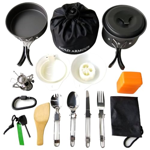 Product Image of the Gold Armour 17 Pieces Camping Cookware Mess Kit Backpacking Hiking Outdoors Gear - Lightweight CooksetCompactDurable Pot Pan BowlsEssential Camping Accessories Equipment Gear (Black)