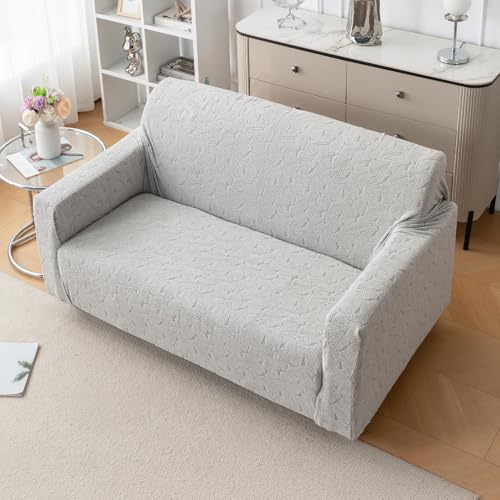 Image of House of Quirk Universal Jacquard Fabric Sofa Cover - Soft, Stretchable Couch Slipcover, Flexible Fit, Wrinkle-Resistant & Easy to Clean (Grey, Two Seater)