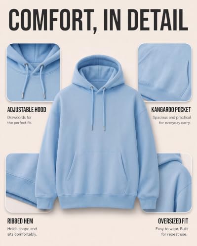 Image of NOBERO Oversized Solid Hooded Sweatshirt for Men | Oversized Hoodie for Men | Hooded Pullover | Cotton Rich Printed Hoodie 280 GSM Fleece