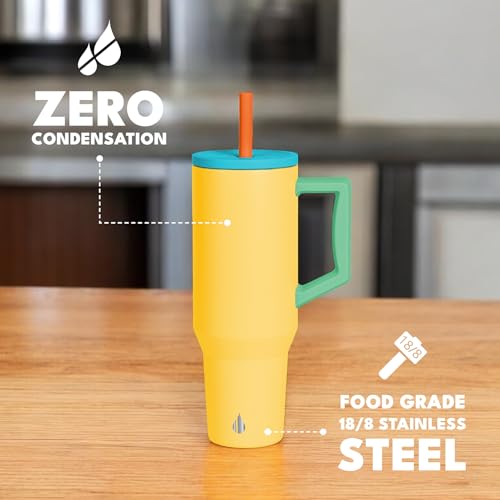 Image of Elemental Spill Proof 40oz Insulated Tumbler with Handle & Straw Travel Mug | Stainless Steel Commuter Travel Coffee Mug for Cold Beverages, Includes 2 Straws & a Spill Proof Lid for Everyday Use