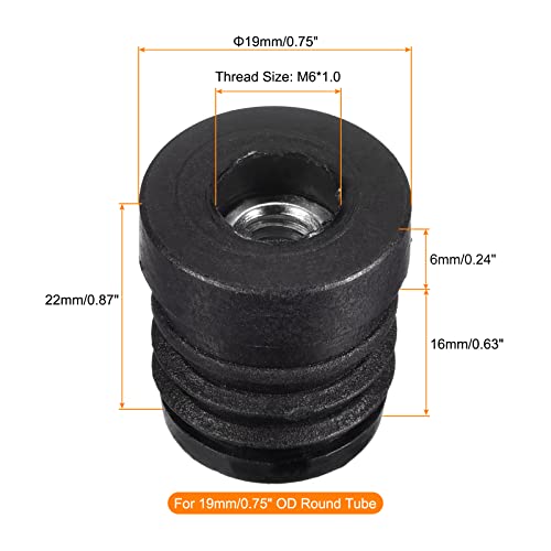 Image of uxcell 8Pcs Inserts for Round Tubes with M6 Thread, for 19mm /0.75 inch OD Round Tube, Round Black Plastic Plug Caster Insert Chair End Caps Furniture Leg Plug