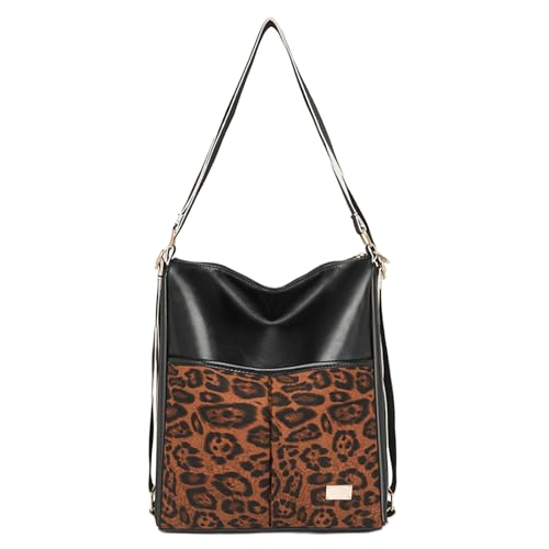 Suede Slouchy Shoulder Bag Leopard Spacious Suede Hobo Bags for Women Large Soft Leather Backpack Alt Hobo Leopard Backpack Convertible Crossbody Bag 2025 for Daily College Travel (Black)