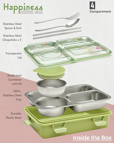 Image of Brand Conquer Lunch Box Leak-Proof BPA Free Stainless Steel for School, Lunch Box for School & Office with a Fork, a Spoon and a Pair of Chopsticks (Classic Green, Happiness 4 Compartment)