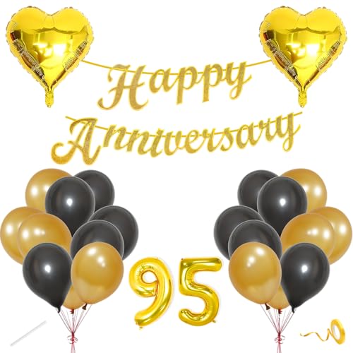 Image of Flyloons 95th Happy Anniversary Decoration Items Gold Black for Men Women Husband Wife Mom Dad Couple Home Bedroom Car With 20 Pcs Metallic Balloons Anniversary Banner 2 Pcs Heart Set Kit Golden