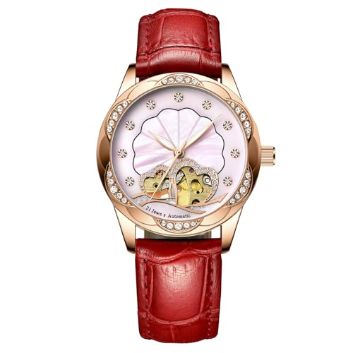Montre automatique femme RORIOS le cadeau idéal en cuir rose et diamant