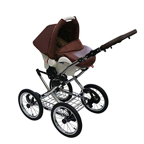 Retro Kinderwagen Classica Lux Luftreifen Chrom Sonnenschirm Set Autositz Brown 02 2in1 ohne Babyschale