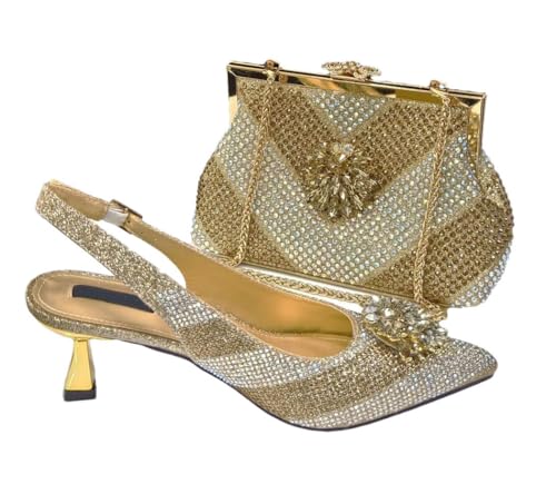 Sacs à talons en strass à bout pointu or avec pochette pour mariage taille 42.5