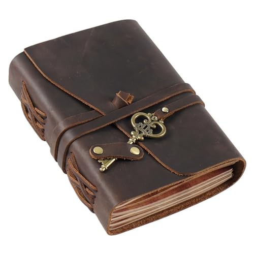 NJIEzhao Handgefertigtes Retro-Leder-Notizbuch mit Schlüssel-Reisebuch, leeres Papier, 300 Seiten Vintage Reisetagebuch(Coffee)