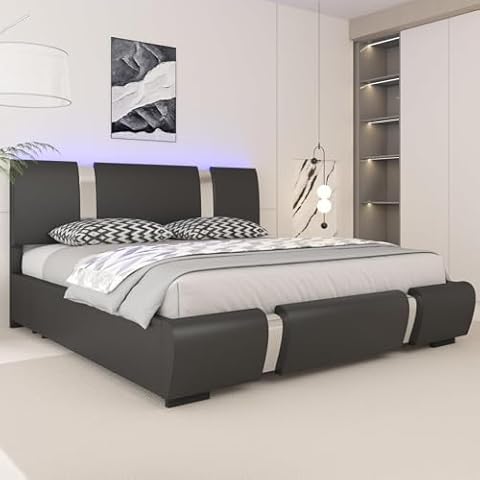Benevika Modern Low Bed Frame with LED Lights,Faux Leather Full Size Platform Bed with Headboard, Strong Wooden Slats Support, No Box Spring Needed, Black Cover