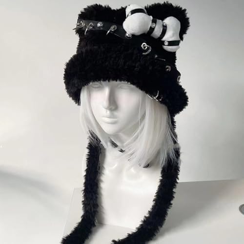 Punk Knit Cartoon Bear Hat with Lovely Ear and Bone for Outdoor Sports Furry Caps Oversized Headgear Hat for Winter4