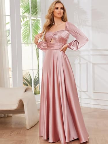 VCCICANY Long Sleeve Bridesmaid Dresses for Women Satin Sweetheart Ruched Long Formal Dresses Evening Gown with Slit3
