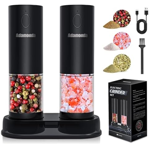2 Packs Lighted Electric Salt and Pepper Grinder Set with Adjustable Coarseness,One Hand Operation Automatic Salt and Pepper Mill Grinder Shakers, Black Rechargeable Cover
