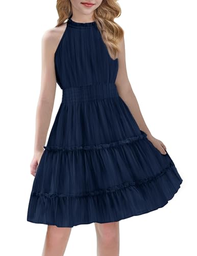 Arshiner Mädchen Kleid Chiffon Neckholder Ärmelloses Partykleid Einfarbig Freizeitkleid Kinderkleid A-Linie Midikleid Festlich Kleider für Kinder Marineblau 150/9-10 Jahre
