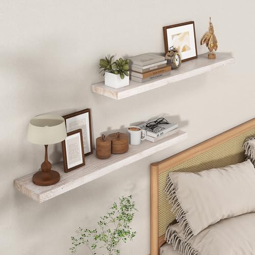 Image of Floating Shelves for Wall, 36in Reclaimed Elm Wood Shelves, White, 2PCs | 8in Deep Rustic Solid Elm Wood Wall Shelves for Storage, Wall Mounted, Invisible Metal Bracket