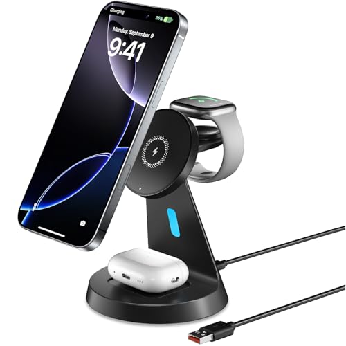 Cargador Inductiva Magnética 3 en 1, Estación de Carga Rápida Inalámbrico de 15 W para iPhone 17/16/15/14/13/12, Airpods 4/3/2/Pro, Apple Watch 10-2/SE/Ultra/Ultra 2, Magnetic Wireless Charger