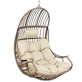 YITAHOME Poltrona sospesa per uova, portata 150 kg, in rattan, con cuscino e supporto per bevande, per giardino, terrazza, balcone, soggiorno, beige
