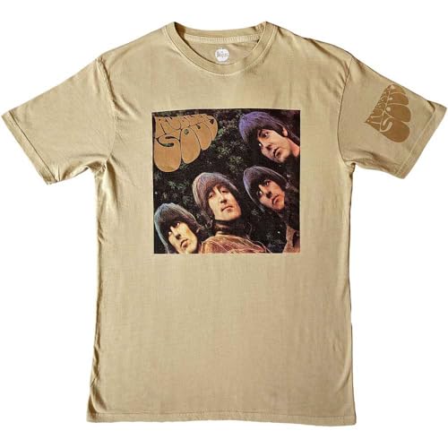 The Beatles Unisex Adult Rubber Soul US Sleeve Print T-Shirt (L) (Sand) - Les Beatles, Paul McCartney, John Lennon, RIngo Starr, George Harrison The Beatles Unisex Adult Rubber Soul US Sleeve Print T-Shirt (L) (Sand)