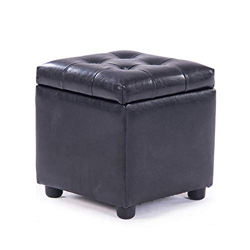 Pouf coffre de rangement noir en simili cuir et bois 42x42x40 cm