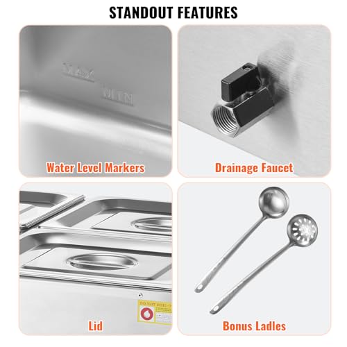 VEVOR kommerzieller Speisenwärmer 4 x 8 Qt Behälter elektrischer Dampftisch, 1500 W professionelles Buffet-Wasserbad aus Edelstahl für die Arbeitsplatte mit Temperaturregelung von 30 bis 80 °C Silber – Bild 7