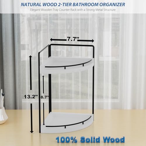 Image of Corner Bathroom Counter Organizer, 2 Tier Wood Vanity Storage, Waterproof Skincare Shelf for Kitchen & Toiletries Decor, Dresser (White-2 Tier)