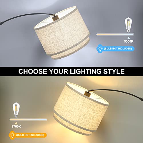 Contemporary Arc Floor Lamp For Living Room, Modern Adjustable Floor Standing Lamp Marble Base, Over The Couch Hanging Arching Tall Stand Up Light For Bedroom Office, Cream Double Drum Fabric Shade #TOP4