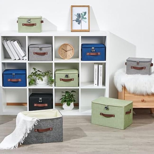 Storage Bins Boxes with Zipper Lid Combination Lock PU Leather Handles Cotton Linen Fabric Lidded Lockable Baskets Foldable Washable Closet Shelf Organizer Container (Light Gray, Small)
