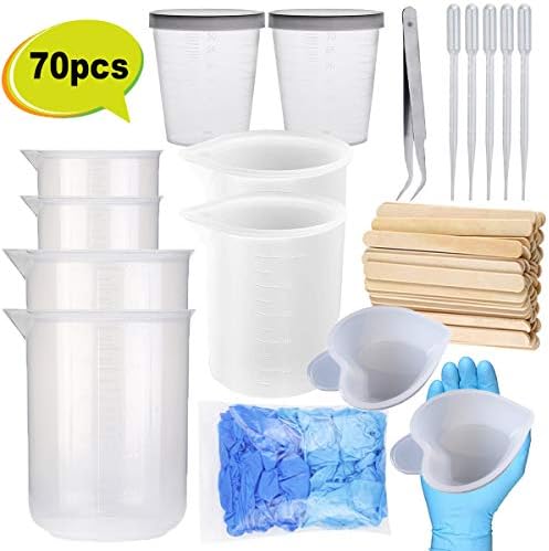 10pcs Mixing Cups Epoxy Resin Cups Dropping Pipette, Silicone Cups Sticks- 150ml 100ml 50ml 30ml 15ml Measuring Cups, 45pcs Mixing Sticks, Dropping Pipette, Tweezers 8pcs Gloves