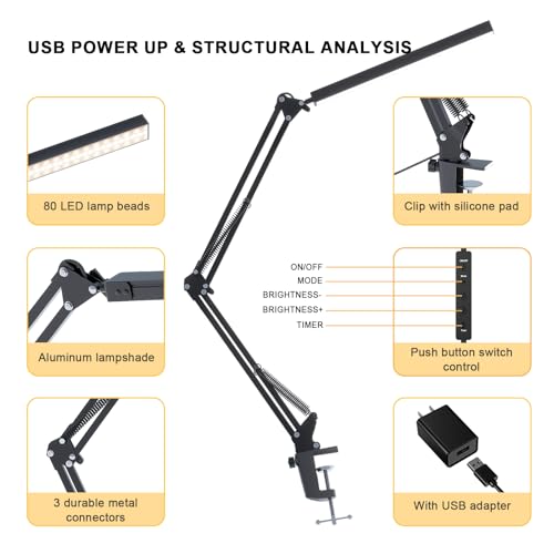led desk lamp for home office clamp-on with 5 light modes amp auto shut off  14w adjustable brightness 5000k eye-caring lighting for studybedroomcomputer desk