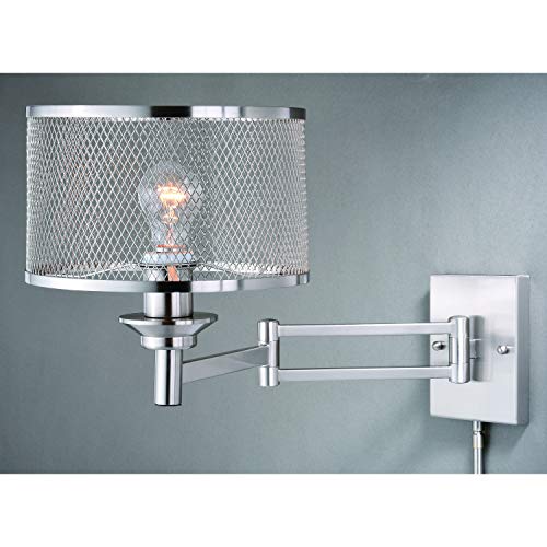 Vaxcel Polk Plug-In Satin Nickel Swing Arm Wall Lamp Gray Linen Drum Shade #TOP1