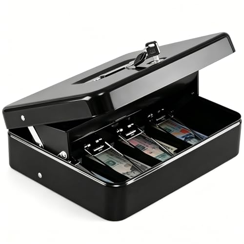 Image of KYODOLED Cash Box with Top Key Lock-0.7mm Metal Money Box for Flea Market Vendors, Craft Fairs & Small Business, Portable Cash Drawer with Auto-Pop Coin Tray & Windproof Bill Clips (11.8 inch, Black)
