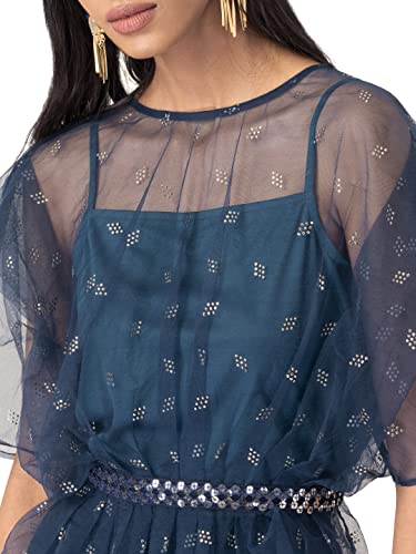 Image of Indya Women's Teal Organza Sequin Peplum Top with Attached Cami