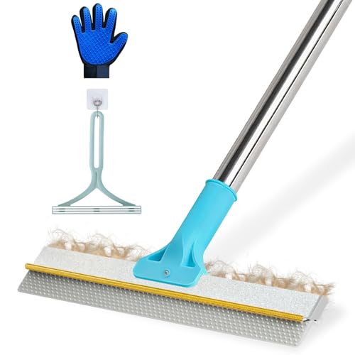Carpet Rake for Pet Hair Removal - 54 Adjustable 2 in 1 Carpet Broom with Copper Rake Scraper & TPU Brush Reusable Cat Dog Hair Remover Tool for Deep Cleaning Carpets Rugs Mats and Stairs (Blue)