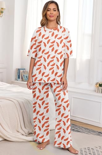 Image of PrinStory Womens Pajamas Sets 2 Piece Lounge Set Short Sleeve Tops and Long Pants Soft Pjs Loungewear with Pockets