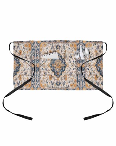 PIEPLE Boho Chic Ethnic Server Apron Waitress Aprons with 3 Pockets, Orange Blue Vintage Tribes Half Waist Waiter Aprons Restaurant Chef Aprons for Women Men