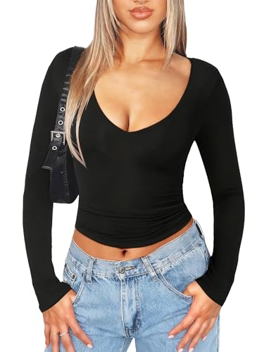 Navneet Damen Langarmshirt V Ausschnitt Eng Bauchfrei Oberteil Y2K Crop Top Long Sleeve Shirt Basic Tshirt Schwarz M